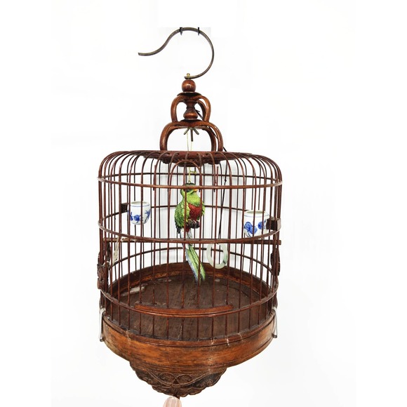 Vintage Hanging Wood Bamboo Bird Cage w/ Bird Ornament - Picture 1 of 12